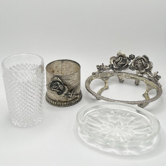 Vintage Stylebuilt Silver Tone Rose Glass Soap Dish & Cup Hollywood Regency - Picture 5 of 7